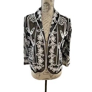 Travel Smith Woman’s Sheer Black Balero Jacket with White Swirl Applique Med New